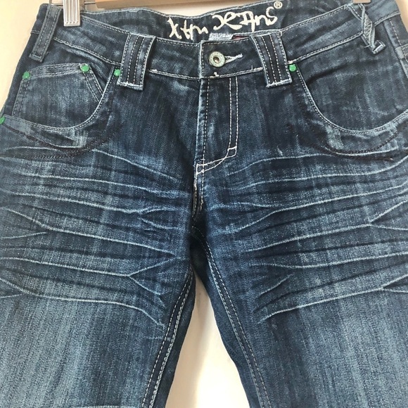 Y2K XTM Jeans Distressed Green Rivets Swirled Belt Loops 6 Pocket Low Rise - Picture 9 of 12